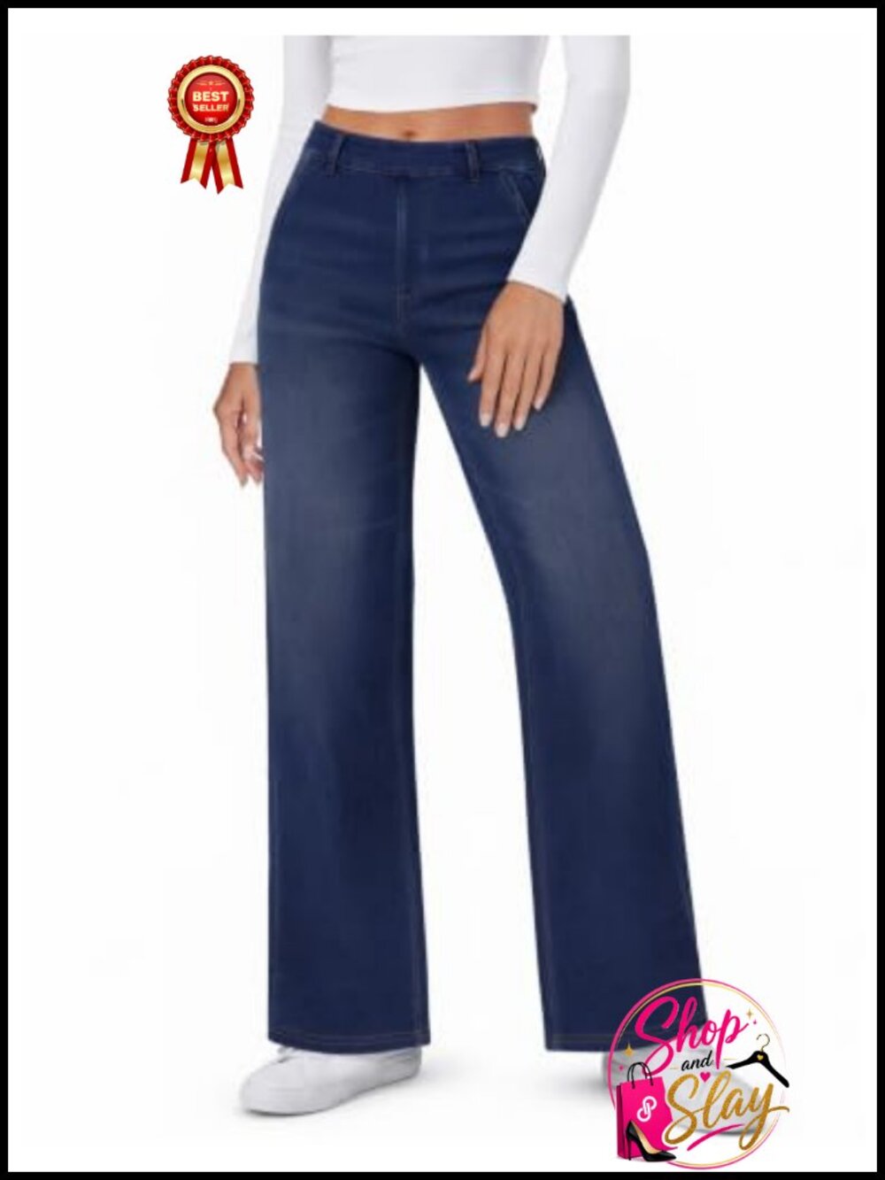 DLOODA Women's High Waist Wide Leg Pull On Stretchy Jeans